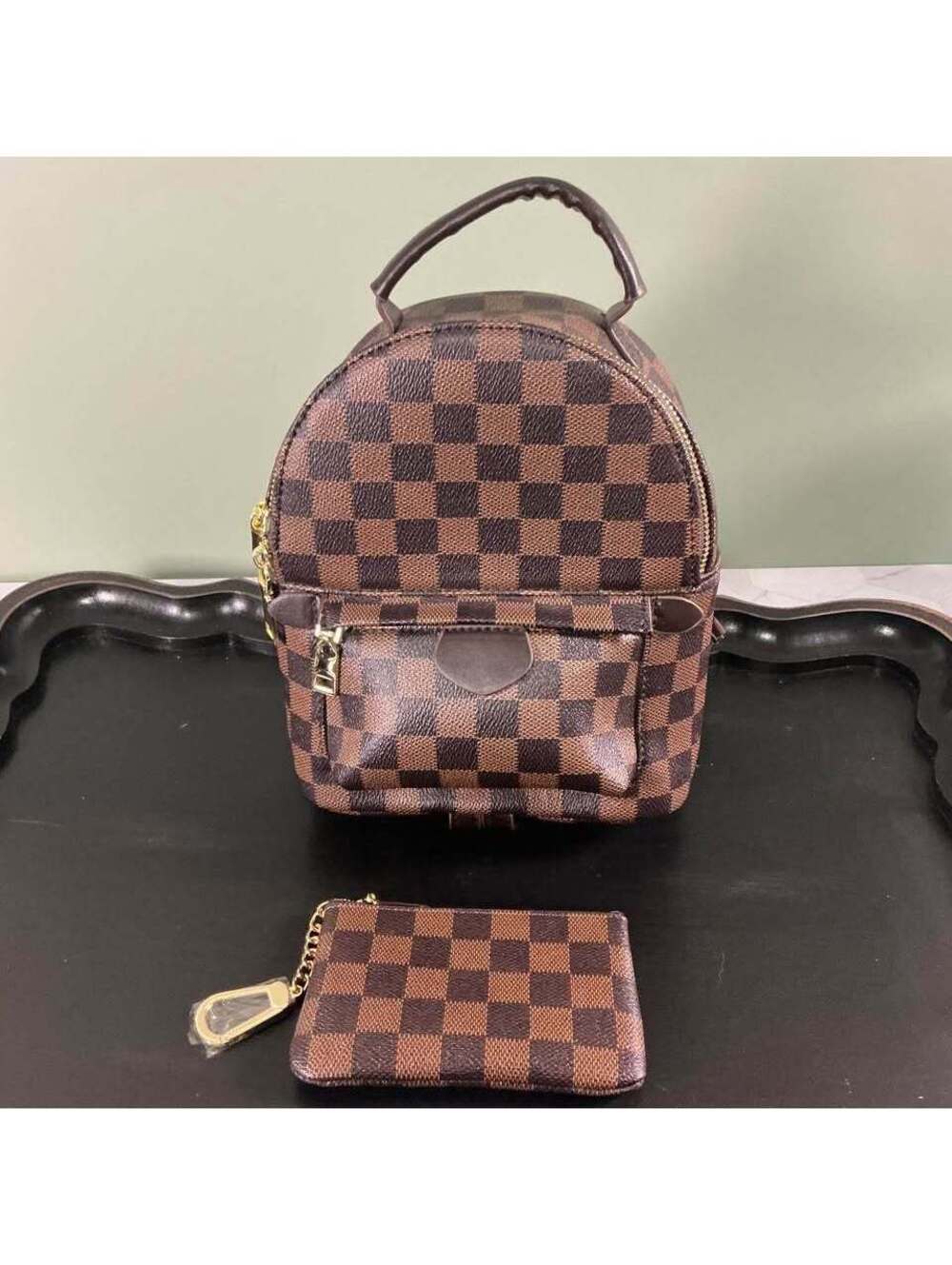 Brown/black checkered mini backpack ￼w/matching coin pouch￼